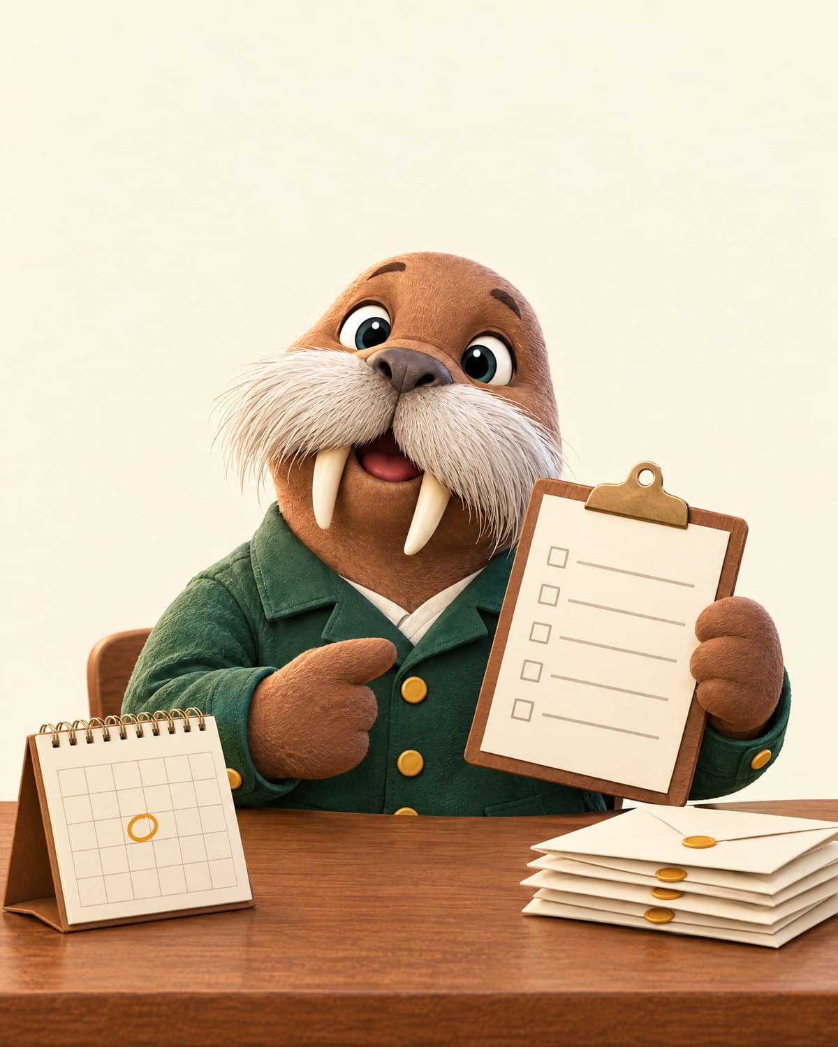 Howy at his desk pointing to a checklist on a clipboard, next to a calendar and a stack of sealed letters